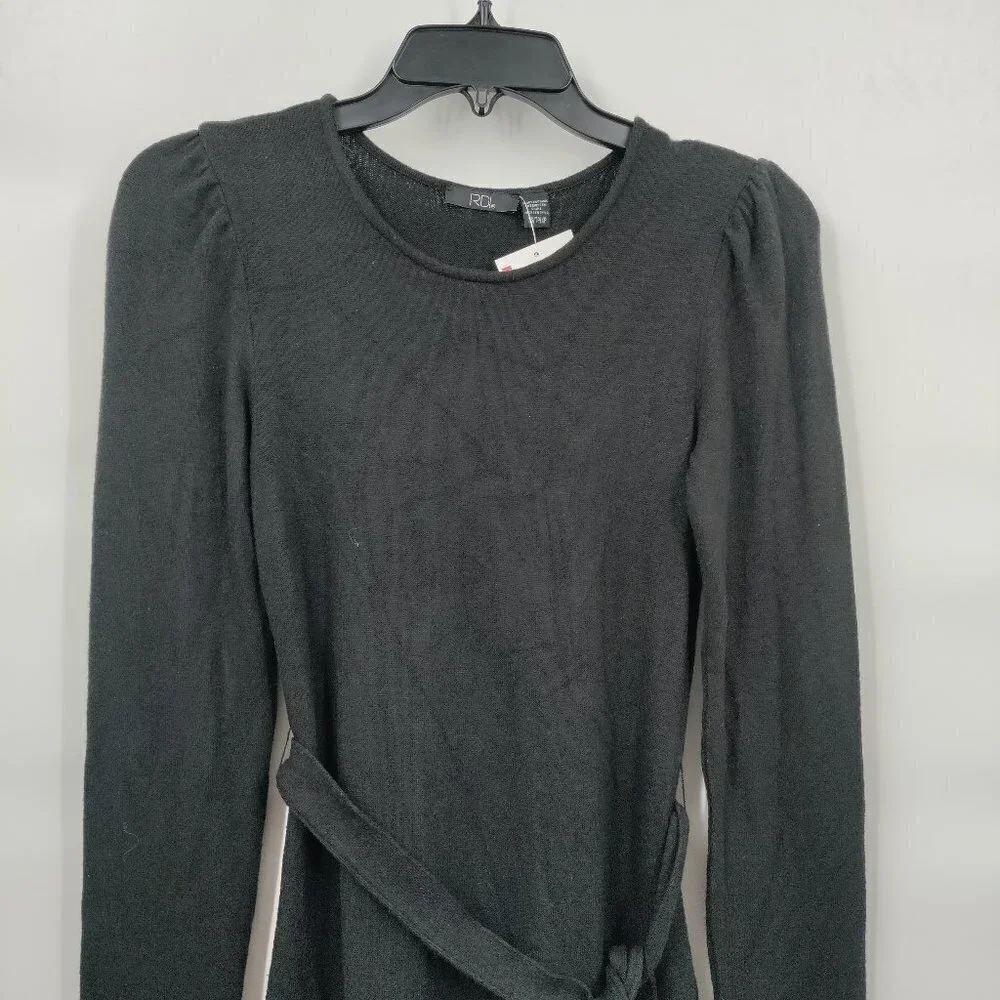 New RDI Long Sleeve Drop Waist Tie Front Sweater Dress Size XS Women Black